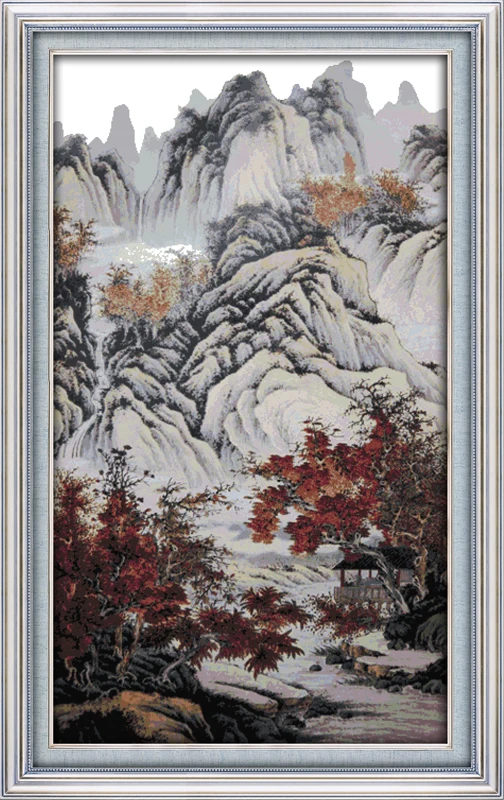 

Autumn mountains and red trees cross stitch kit 14ct 11ct count printed canvas stitching embroidery DIY handmade needlework