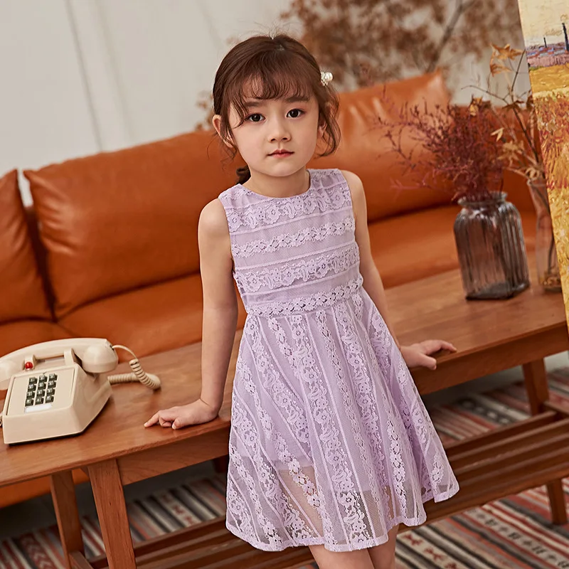 

Summer Fashion Trend Girls Sleeveless Dress Simple O-neck Cotton Lace Flower Mini Princess Dress Big Girls 12 13 Daily Dress