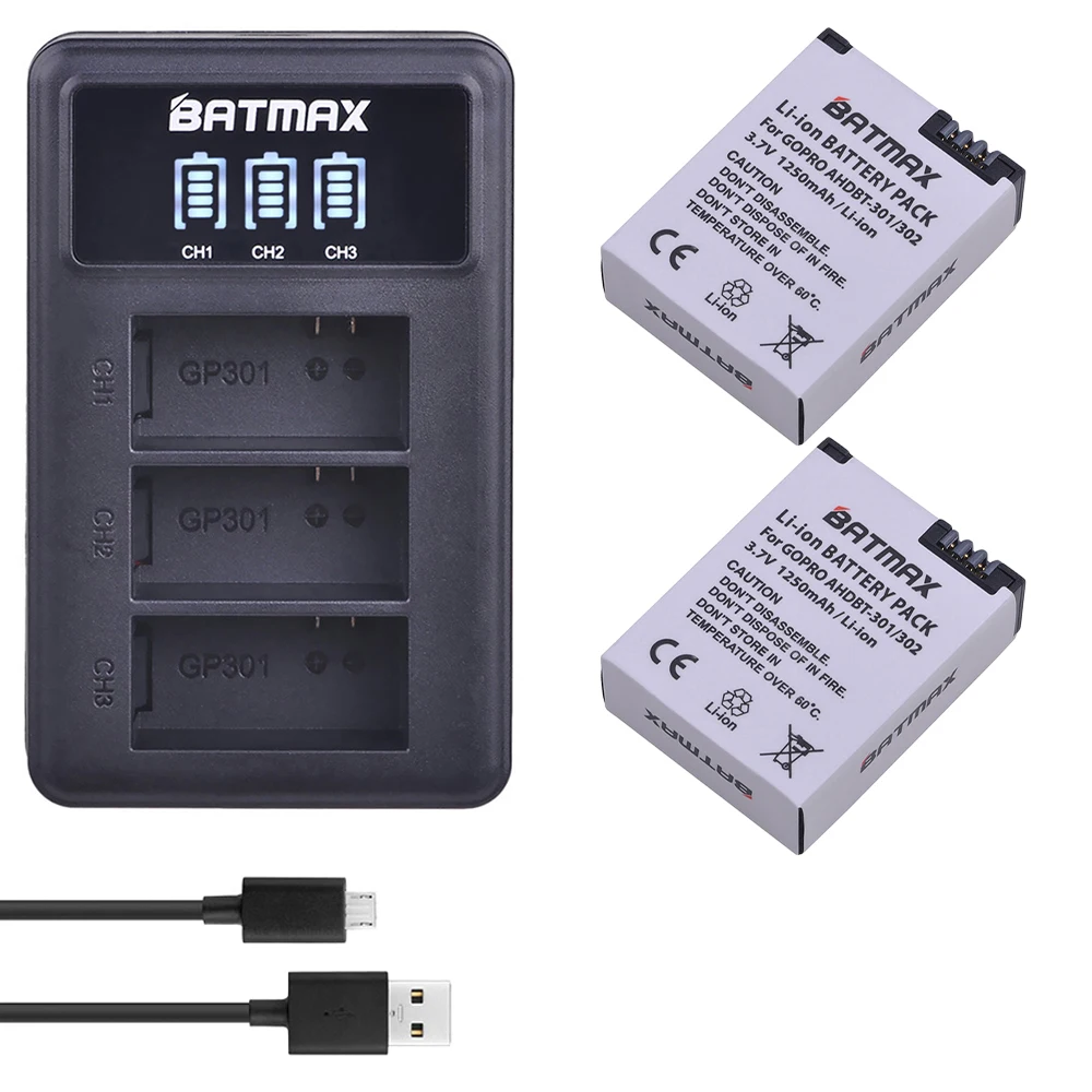 Batmax 2 шт. AHDBT 301 батарея + светодиодный дисплей 3 канальный USB зарядное устройство