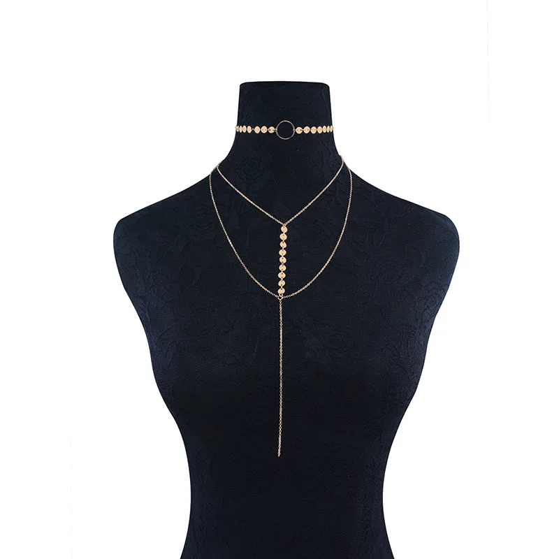 

Multi - layer stitching temperament personality long clavicle chain chocker necklace collar accessories CX527