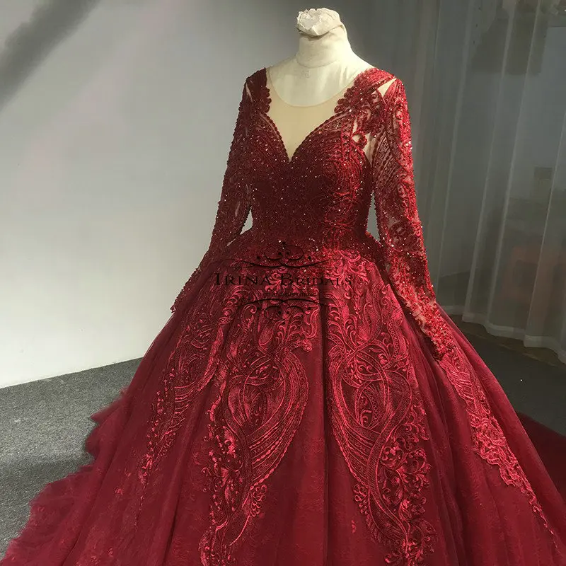 Ирина особого торжества vestido de novia в стиле «Принцесса» с длинными рукавами с кружевной аппликацией; прозрачные, черные, красные, серые, синие свадебное платье