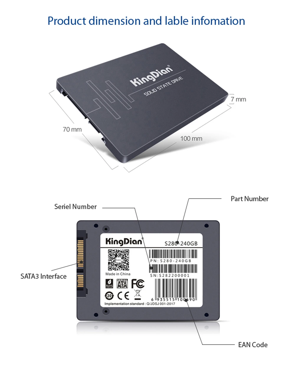 KingDian Бестселлер S280-120 GB/240 GB/480 GB/960 GB/1 ТБ SATA3 2,5 ''Внутренний твердотельный накопитель для настольных ПК