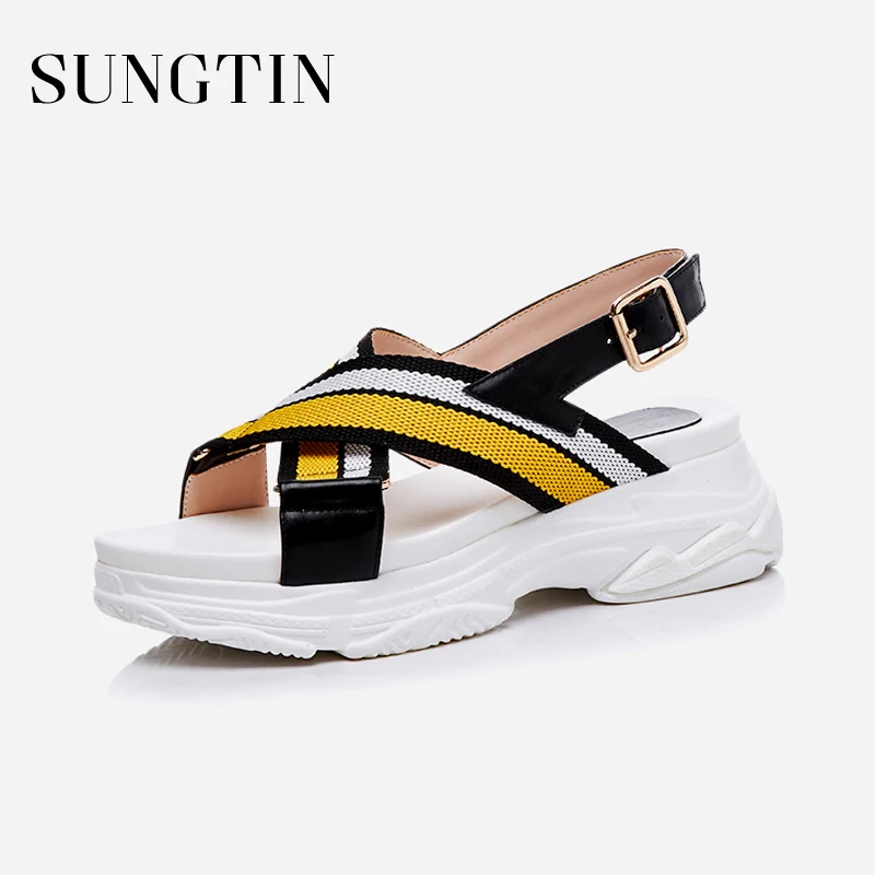 

Sungtin 2018 New Design Striped Buckle Strap Sandals Women Casual Platform Shoes Sneakers Girl Summer Slingbacks Sandals