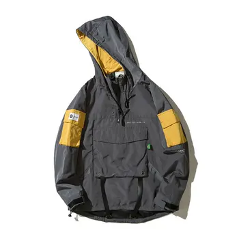 

Streetwear Casual Men Jacket Hip Hop Windbreaker Pullover Hooded Mens Jacket Coat Front Pocket Popular Patchwork Man Overcoat