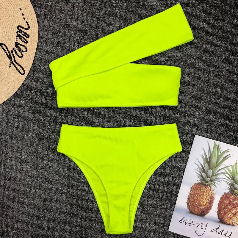 Kaufen 2019 Sexy Neon Grün Hohe Taille Bikini Frauen Rippen Badeanzug eine schulter Bademode Weiblichen bikini set Brasilianische Badeanzug schwimmen