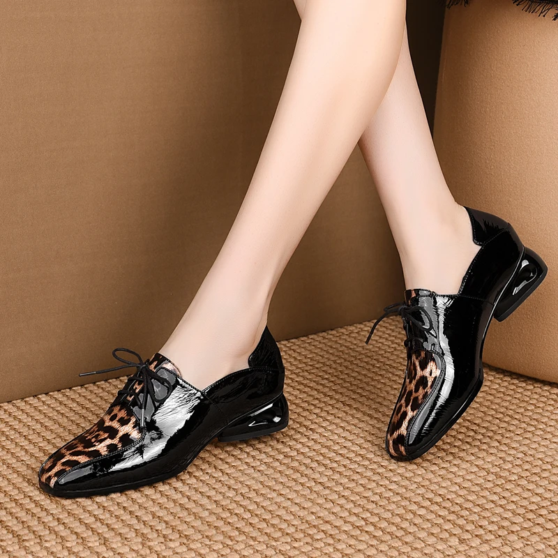 

Genuine Leather Women High Heels Patent Leather Lace Up Oxfords Shoes Cow Leather Spring Autumn Footwear Shoes Dress Party Pumps