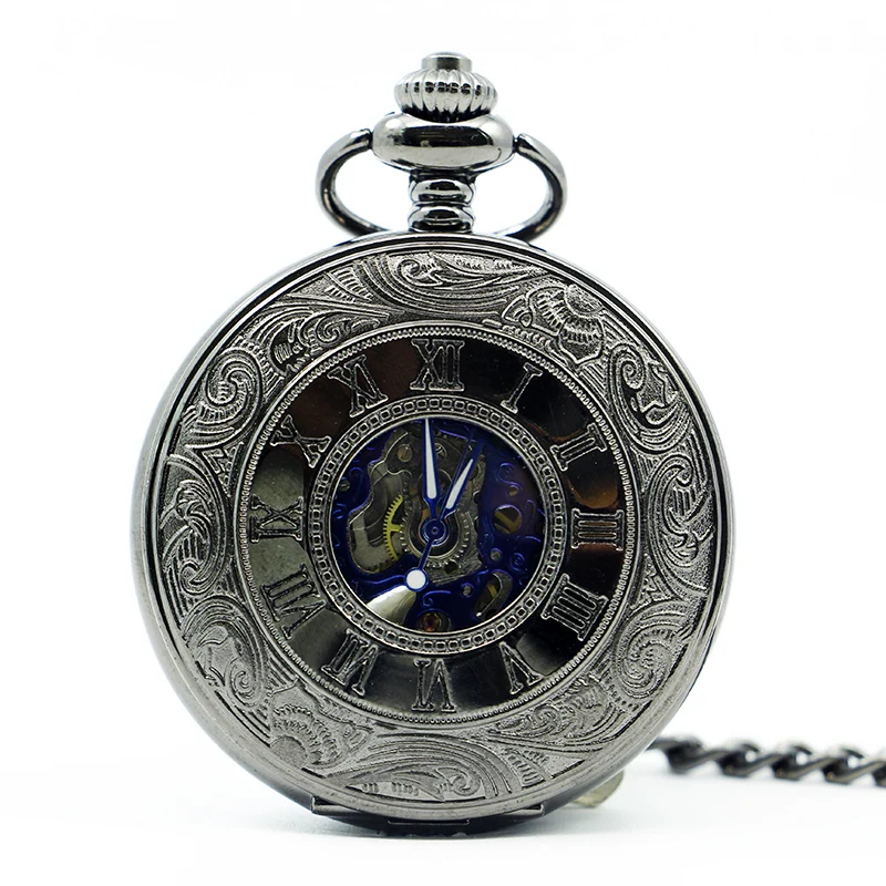 

Classic Black Automatic Winding Roman Numerals Mechanical Pocket Watch Antique Steampunk Hollow with Chain Pendant Men's Clock