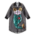 Save 16.47 on Mermaid mesh t shirt dress Womens long sleeve black sequin tshirt dress with zipper Korean Splicing Pleated Mesh shirt Dresses