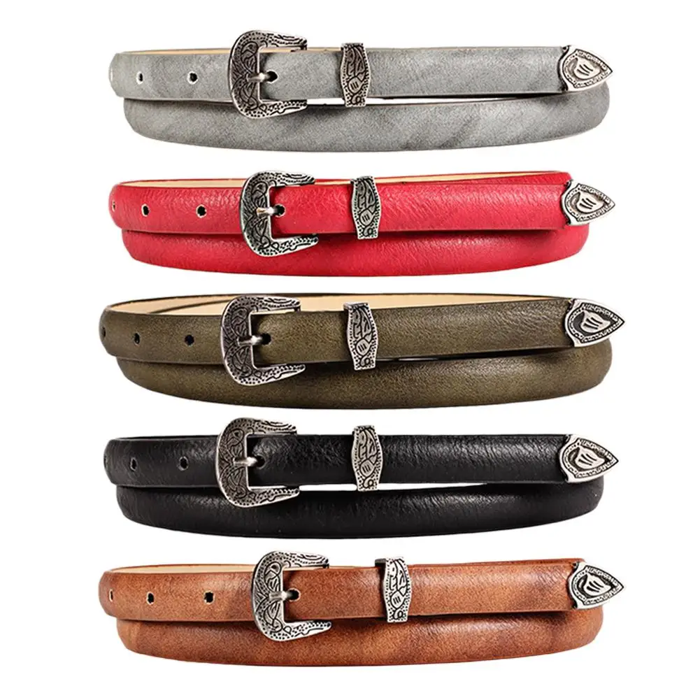 

Women's Retro Carving Thin Waist Belt Trendy Leather Thin Waist Belt Decorative Alloy Pin Buckle Hollow Waist Belt Wholesale