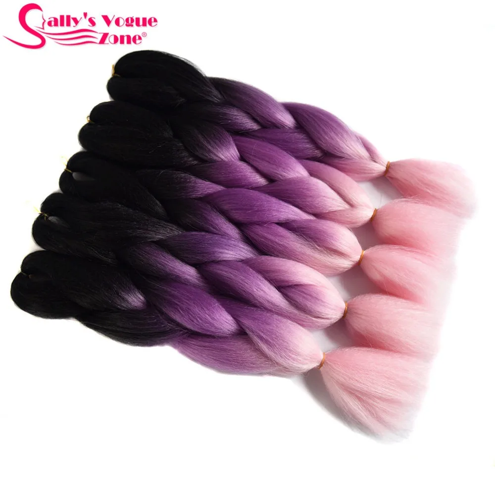 Sallyhair 24inch Ombre 3 Tone Black Purple Light Pink Color