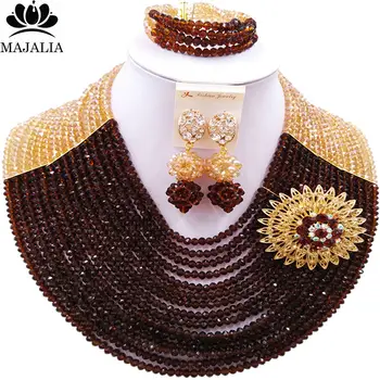 

Majalia Romantic Nigeria Wedding African Beads Jewelry Set Brown and Gold ab Crystal Necklace Bridal Jewelry Sets 16SY013