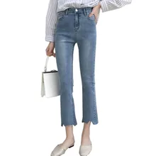 Для женщин джинсы для Ulzzang Винтаж промывают Ripped Zag край расклешенные джинсы брюки до щиколотки брюки девочек Harajuku Roupa Feminina Calca