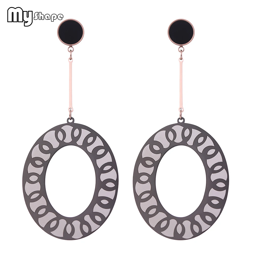 

My Shape Bohemia Stainless Steel Oval Long Drop Earrings Geometric Black Circle Pattern Earrings Women's Jewelry Ear Accessories