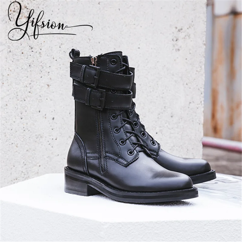 

OLOME New Black Genuine Leather Women Ankle Boots Round Toe Side Zip Thick Low Heel Women Autumn Winter Boots Shoes Woman
