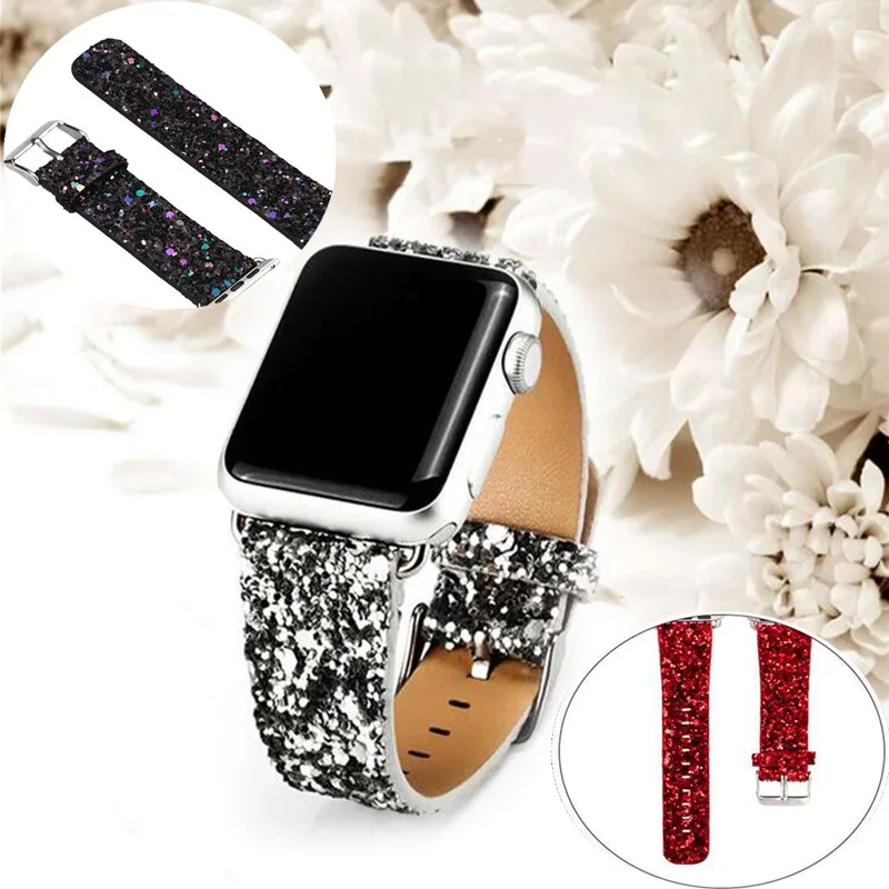 Ремешок из ПУ кожи с блестками для Apple Watch 44/42/40/38 мм Рождественский блестящий