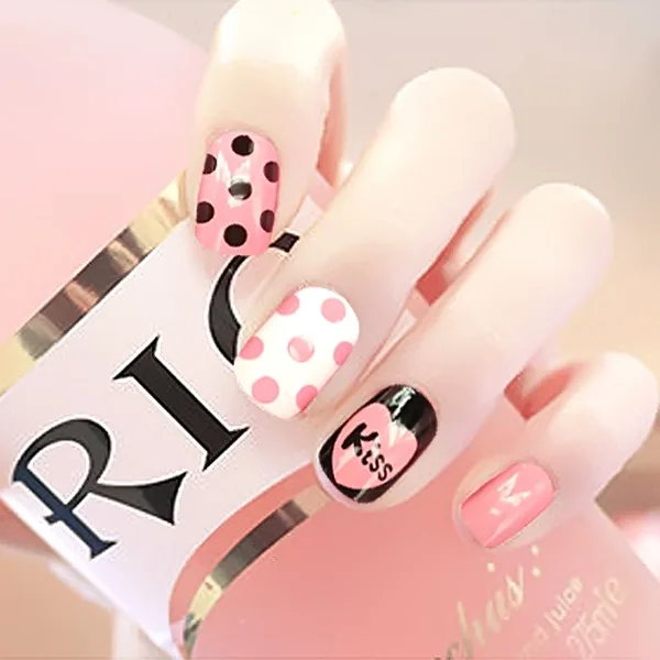spesifikasi 24 Pcs Kuku Palsu Gadis Lucu Kuku Palsu Desain Pola CIUMAN Tekan pada Kuku Unhas Dot Stripe Penutup Penuh Pendek Tips Alami 27