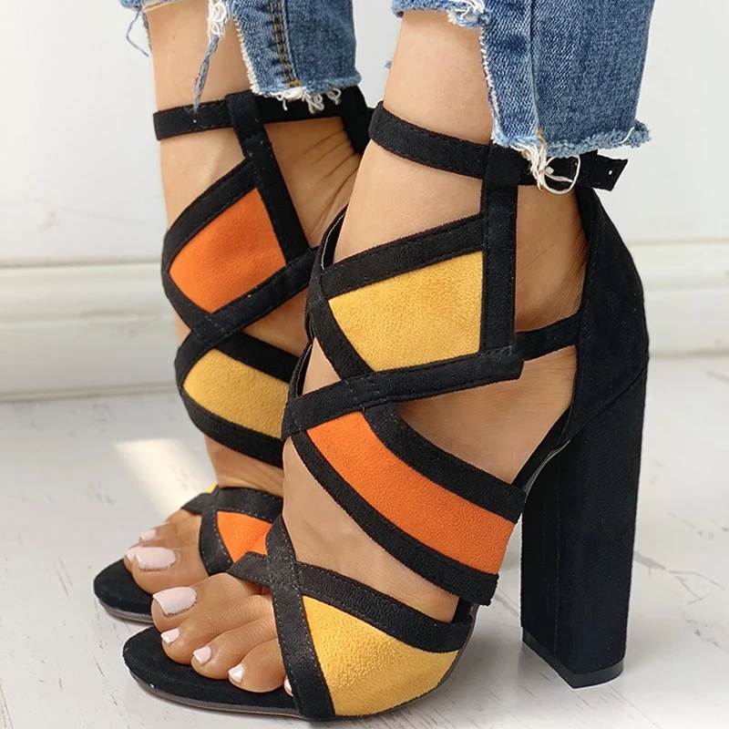 

New Women Summer Square High Heels 8cm Lace Up Peep Toe Gladiator Pumps Office Mixed Colors Sandals Party Shoes