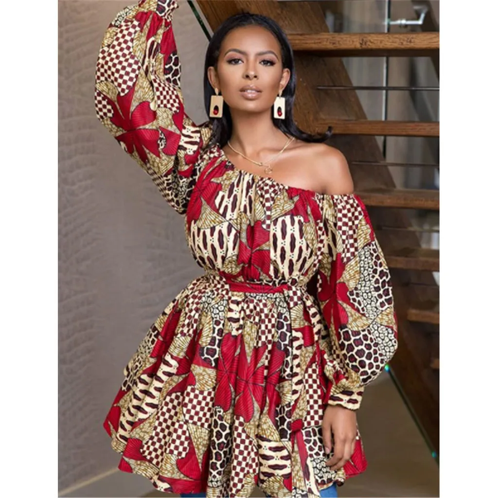 

New Women Mini dress Sexy Long Sleeve Off Shoulder Print Party Dress