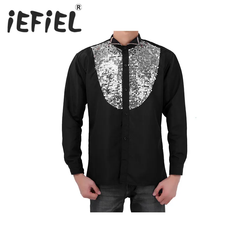 Fashion Male Mens Shirt Mens Shinning Sequins Decoration Long Sleeve