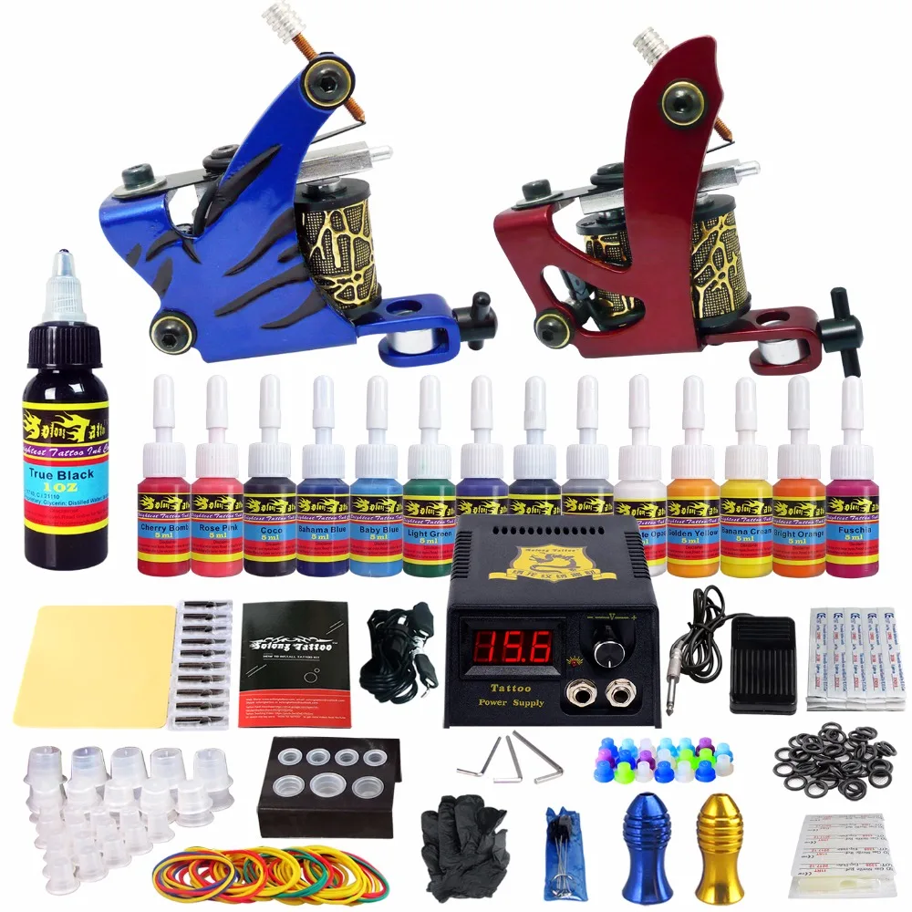 

Solong Tattoo Complete Starter Tattoo Kit 2 Machine Set Guns 14 Inks Power Supply Needles TK210