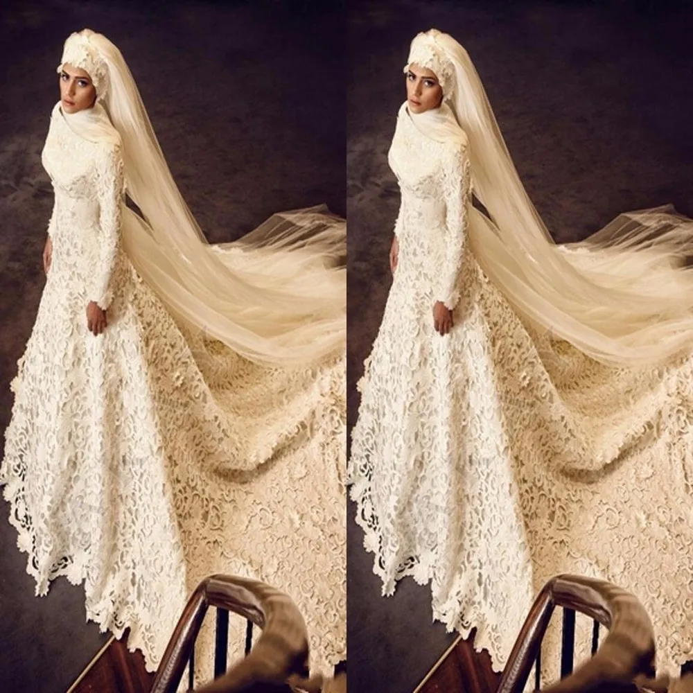 Арабский мусульманское свадебное платье одежда с длинным рукавом Кружевное Свадебное платье молния назад свадебное платье Vestido de noiva
