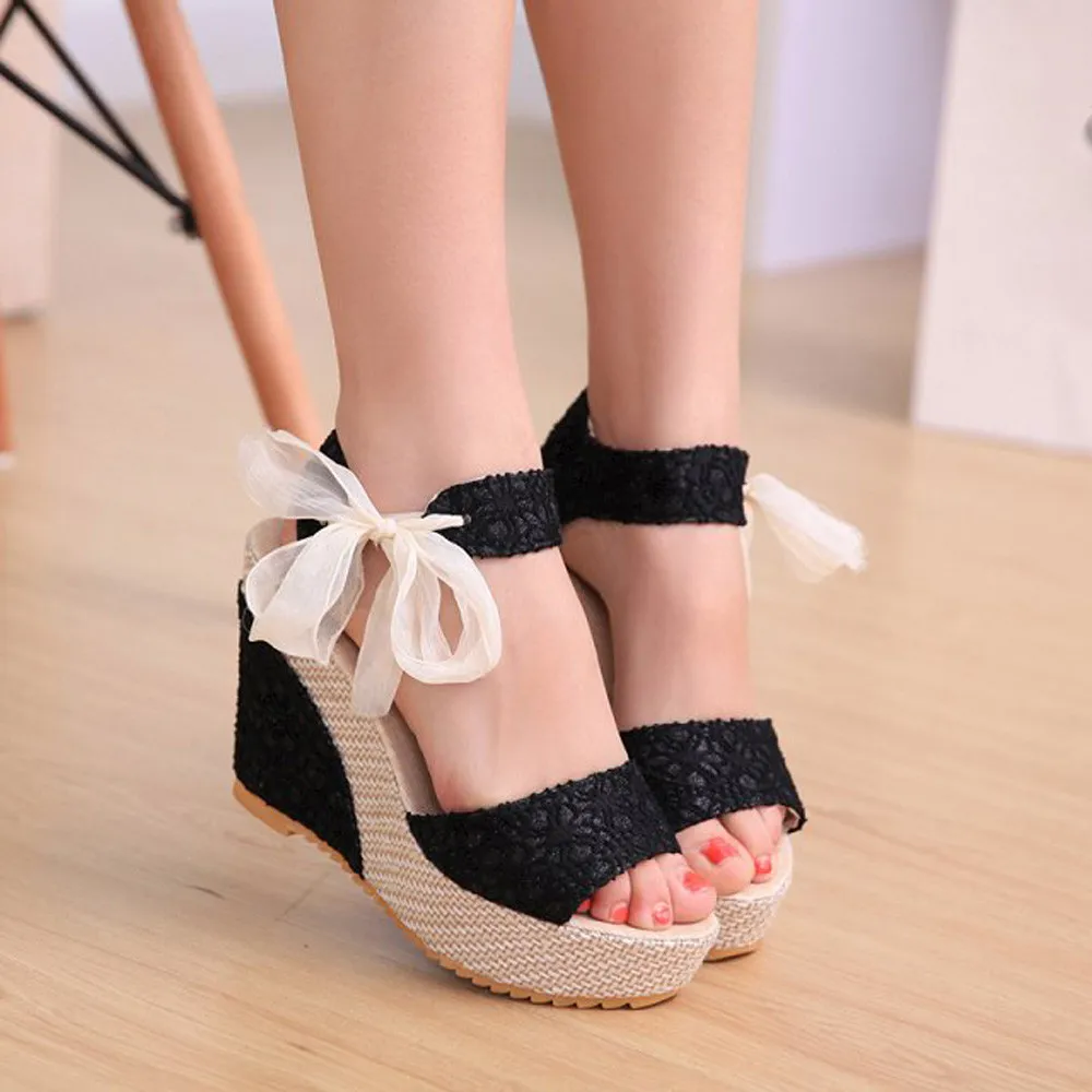 

YOUYEDIAN Women Sandals 2018 Wedges Bow Lace Up Super High Heel Ladies Sandals Summer Women Shoes Sandalias Mujer