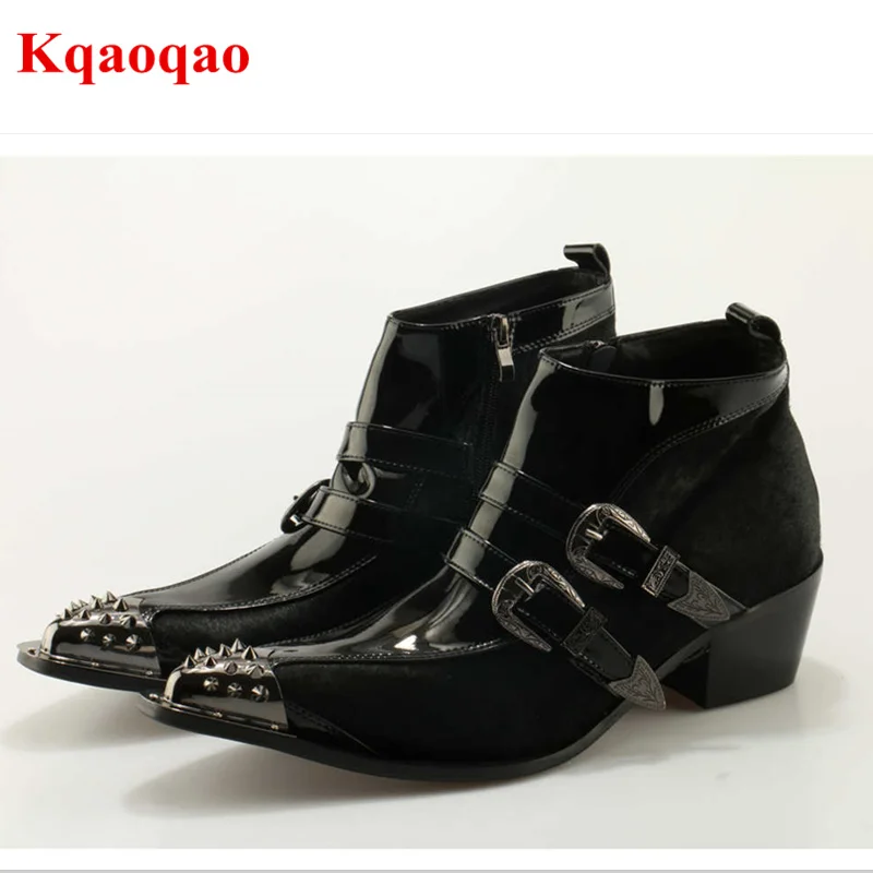 

Luxury Brand Metal Pointed Toe Men Short Booties Belt Buckle Design Side Zip Boots Black Med Heel Dress Shoes Hommes Chaussures