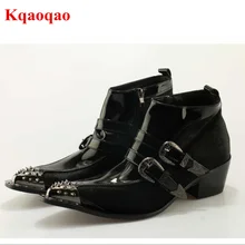 Luxury Brand Metal Pointed Toe Men Short Booties Belt Buckle Design Side Zip Boots Black Med Heel Dress Shoes Hommes Chaussures
