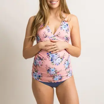 

Maternity Swimwear Women Sleeveless Tankini Print Strappy Bandage Swimsuit Hanging Neck Bikinis Halter Pregnant Suit