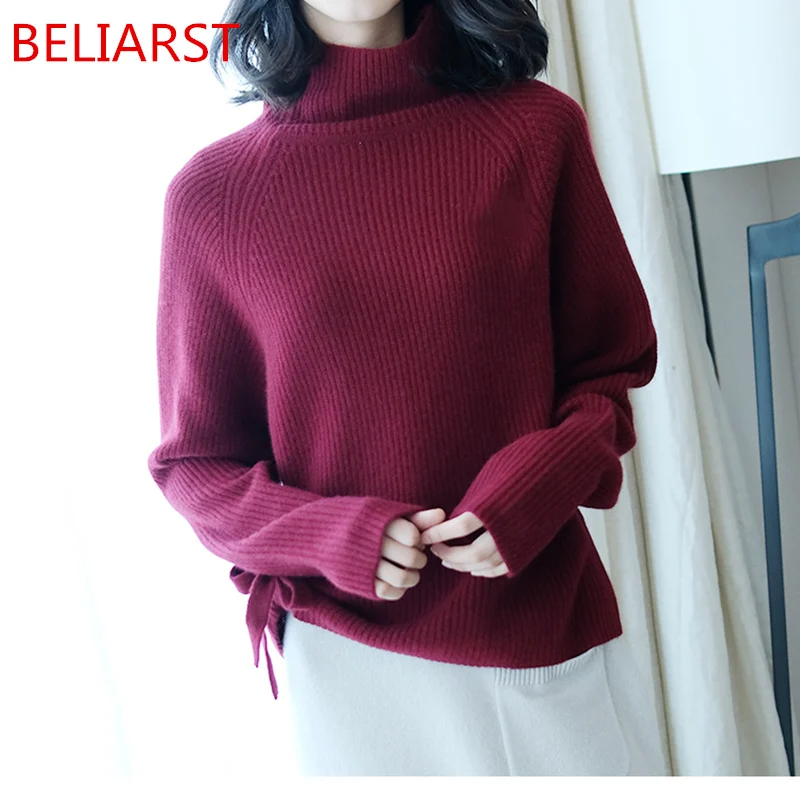 

BELIARST New Autumn and Winter Women's High-Necked Pullover Fashion Loose Bow Knit Cashmere Sweater Thickened Knit Shirt