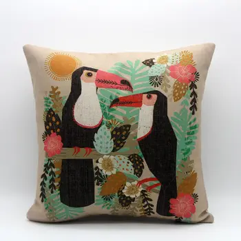 

LINKWELL 18x18" Fashion Cute Cartoon Black Toucan Bird Forest Sun Flower Leaf Burlap Cushion Cover Pillowcase for Kid Room