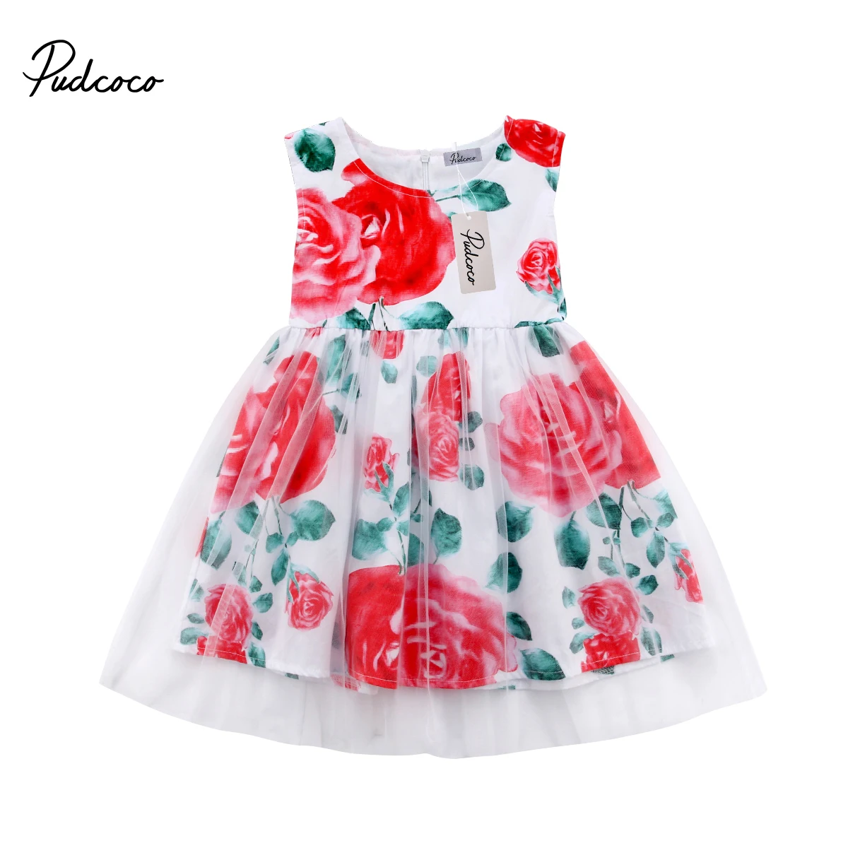 

2018 Summer Floral Printed Newborn Toddler Kids Baby Girls Lace Pageant Princess Sleeveless Tulle Dress Clothes 0-5Years