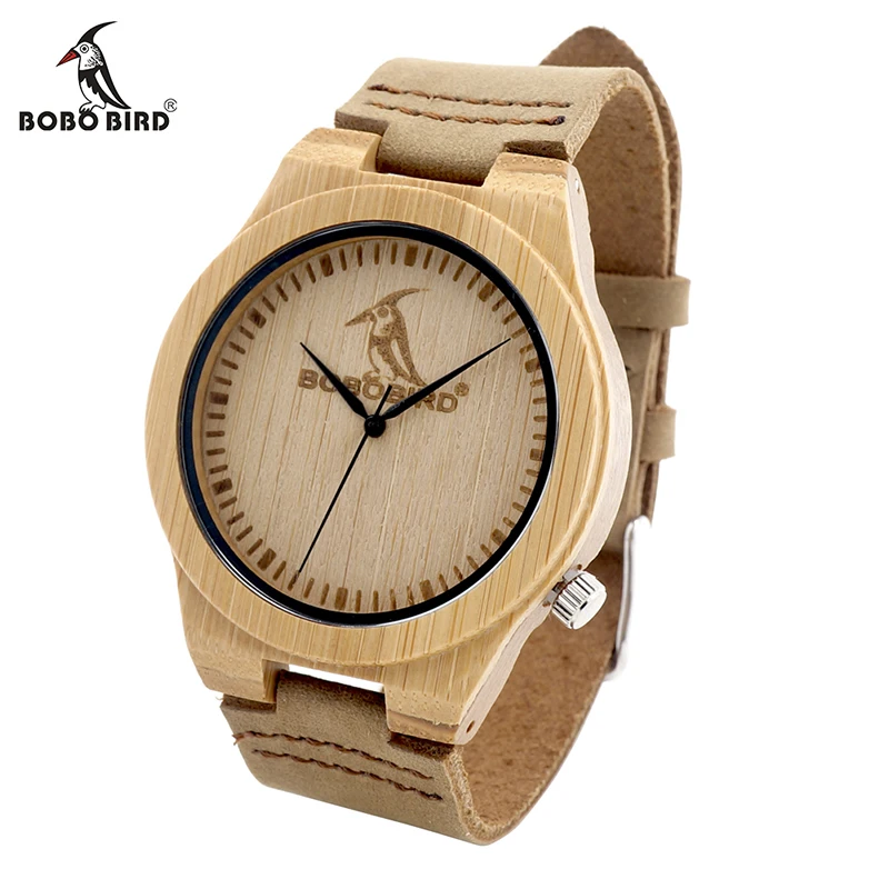BOBO BIRD Mens Bamboo Wooden Quartz Watches Casual Sport Dress Watches with Real Leather Strap in Gift Box Customizable logo