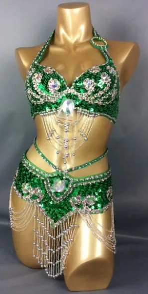 Hot Selling Women Beaded Sequins Belly Dancing Suite Belt+Bra Samba Costumes Club USA Bra Size 34B,36B,38B,40B,34D,36D,38D,40D