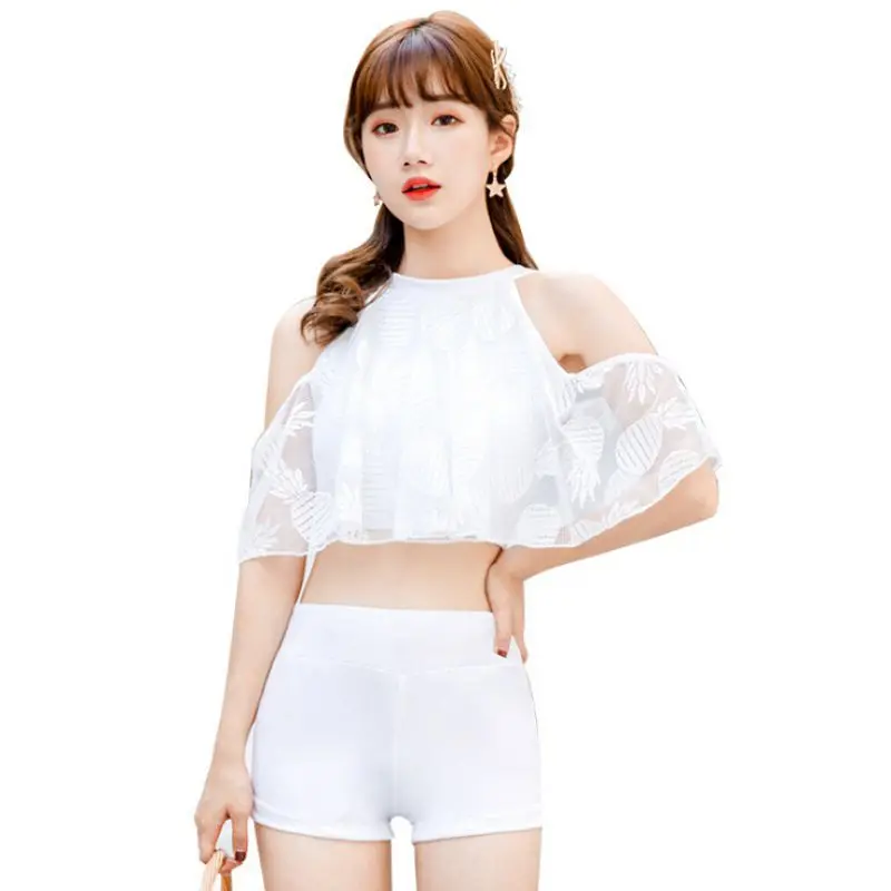 

Women Sweet Mesh Solid Color High Split Elastic Waist Boxer Trunks Three-piece Swimsuit