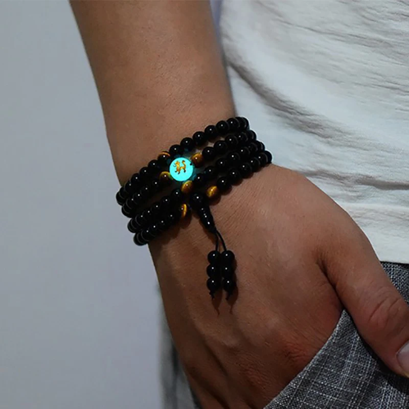 

New Luminous Dragon Black Buddha Mala Beads Bangles&Bracelets Handmade Jewelry Ethnic Glow in the Dark Bracelet for Women or Men