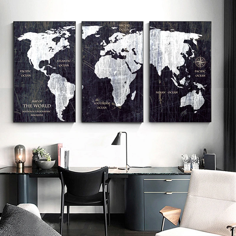 لوحة جدارية تجريدية مع خريطة العالم الأسود والأبيض ملصق كبير لغرفة المعيشة الممر صالون Cuadros Painting Calligraphy Aliexpress