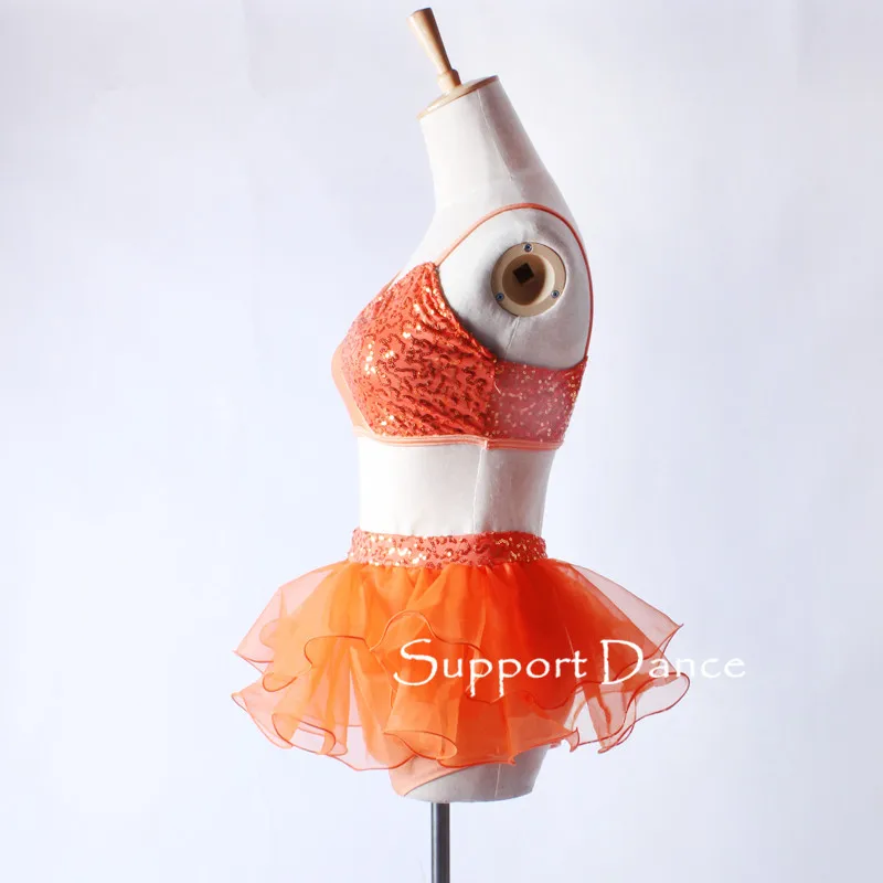 Girls 2-Piece Irregular Sequin Tutu Ballet Dress Children Adult Orange Professional Dance Costume C342