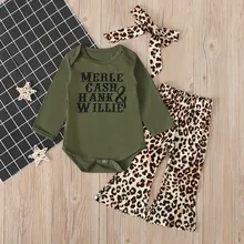 Newborn Girl Clothes Sets Infant Baby Girl Long Sleeved Letter Tops Romper Leopard Flared Pants HairBand 3PCS Outfits Set#p3