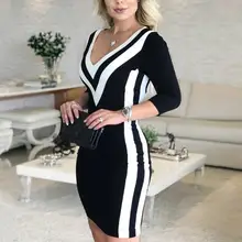 Женское Модное Элегантное повседневное Черное мини-платье с v-образным вырезом для вечеринки, Дамское сексуальное обтягивающее платье контрастного цвета с полосками