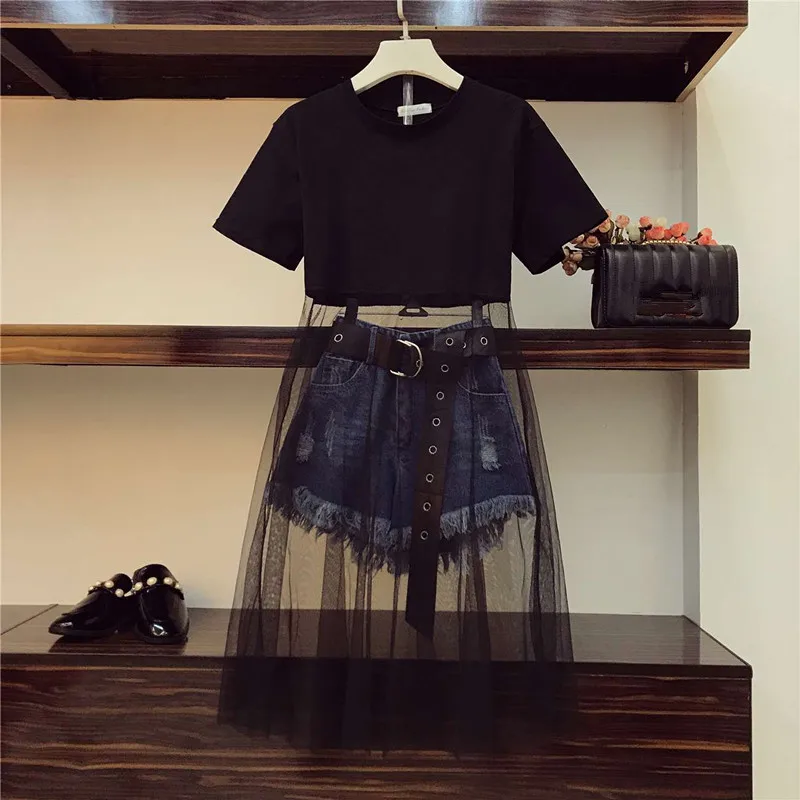 

Luxury Quality 2019 Summer Women Mesh Patchwork Black Long T-shirt + Tassel Denim Shorts 2 Piece sets With Belt