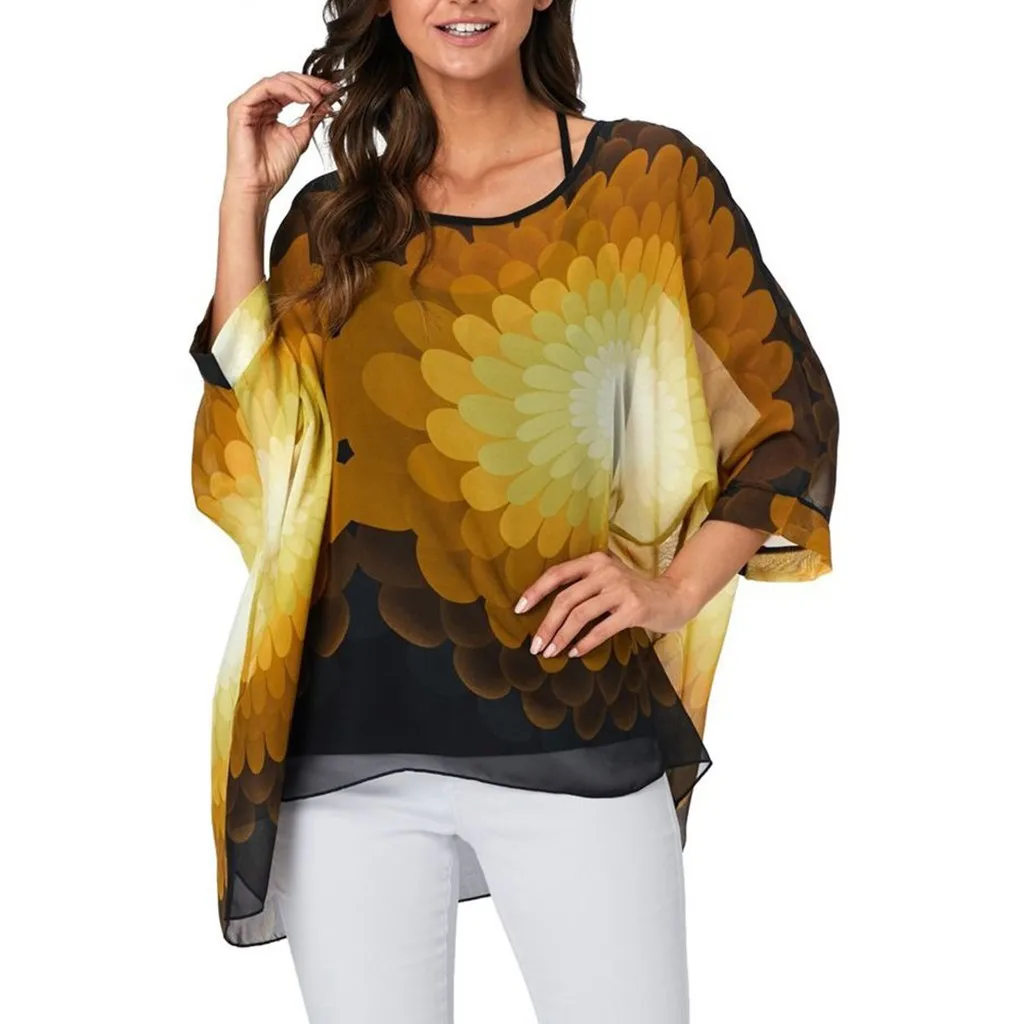 Feitong Women Fashion Sunflower Print Blouses Female Long Sleeve Round