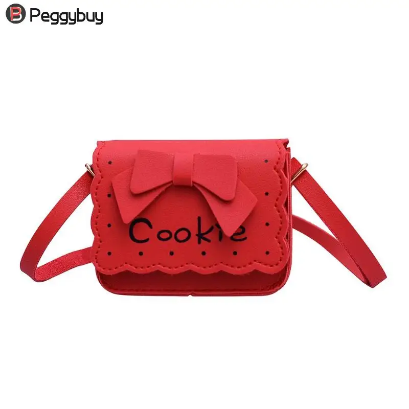 

Cute Bowknot Cookie Print Girls Handbags Children Candy Color Shoulder Crossbody Bag PU Leather Messenger Purse