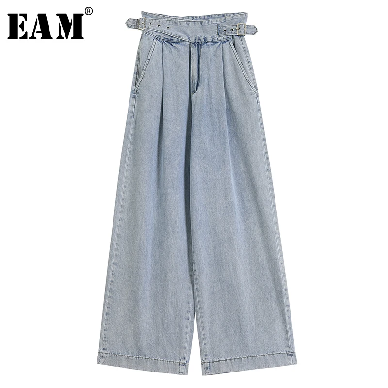 

[EAM] 2019 New Autumn Winter High Waist Pockets Square Buckle Bandage Loose Long Pants Women Trousers Fashion All-match JY830