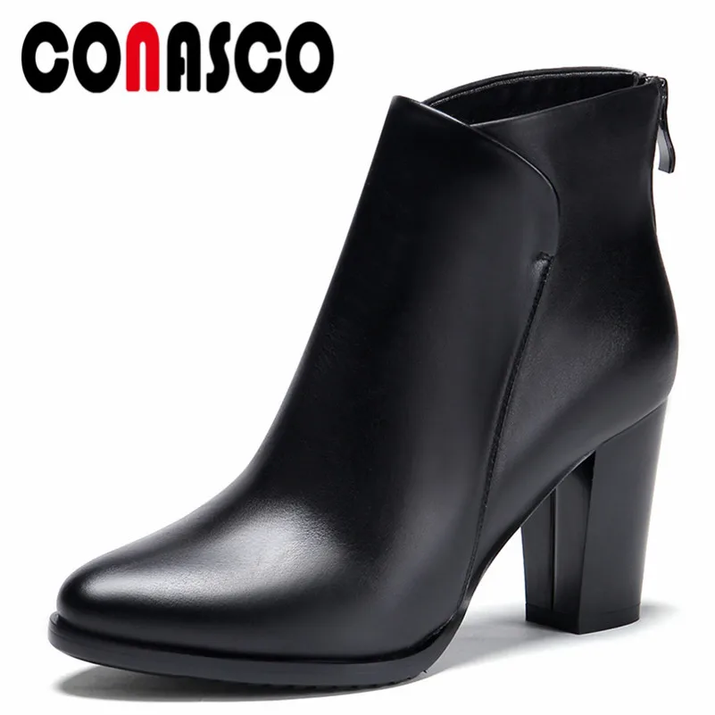 

CONASCO New Women Ankle Boots Party Wedding Genuine Leather High Heels Shoes Zipper Autumn Winter Warm Shoes Woman Basic Pumps