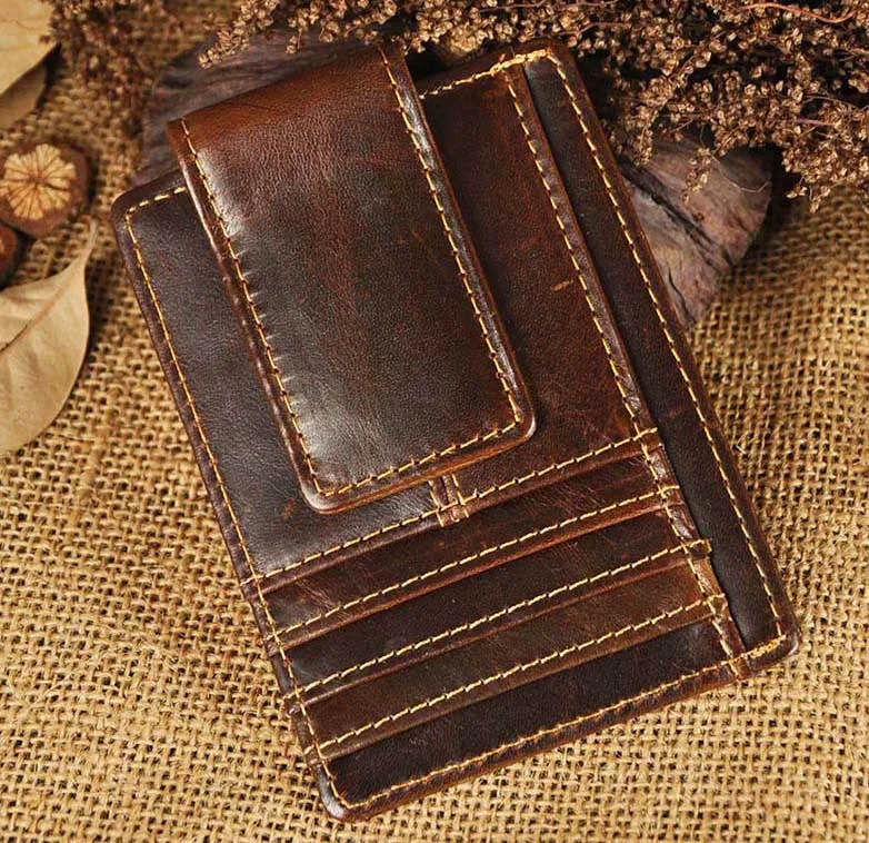  Top Quality Cattle Men male Vintage Genuine leather Credit Card Cash Holder Magnet Money Clip Slim Mini Handy Wallet Purse 1015 