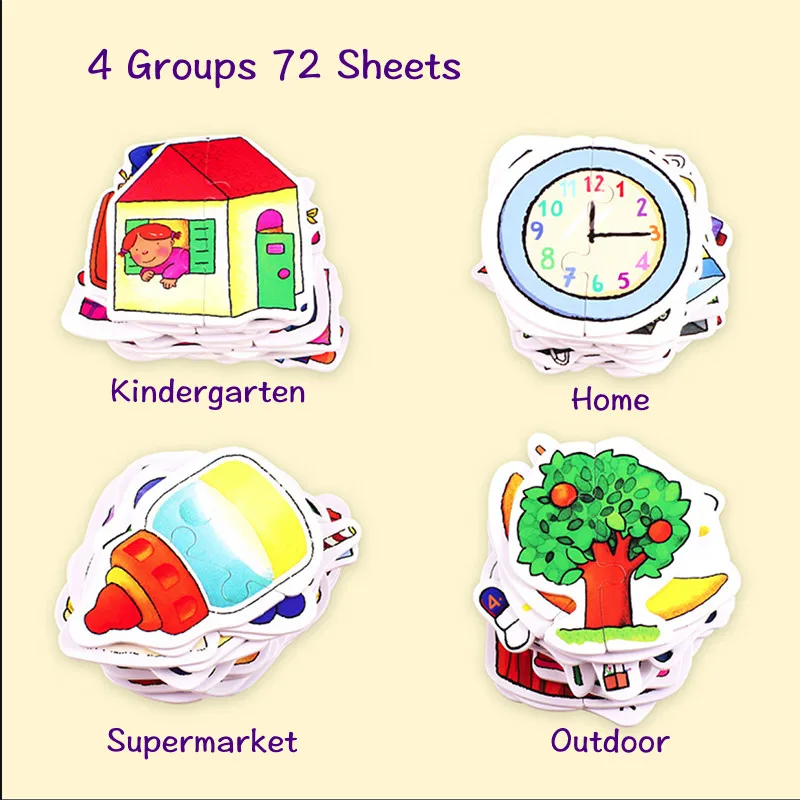 72 листа 4 темы Kawaii просвечивание флэш-карты и простые головоломки для малышей(1+ лет) двуязычные карты для младенцев