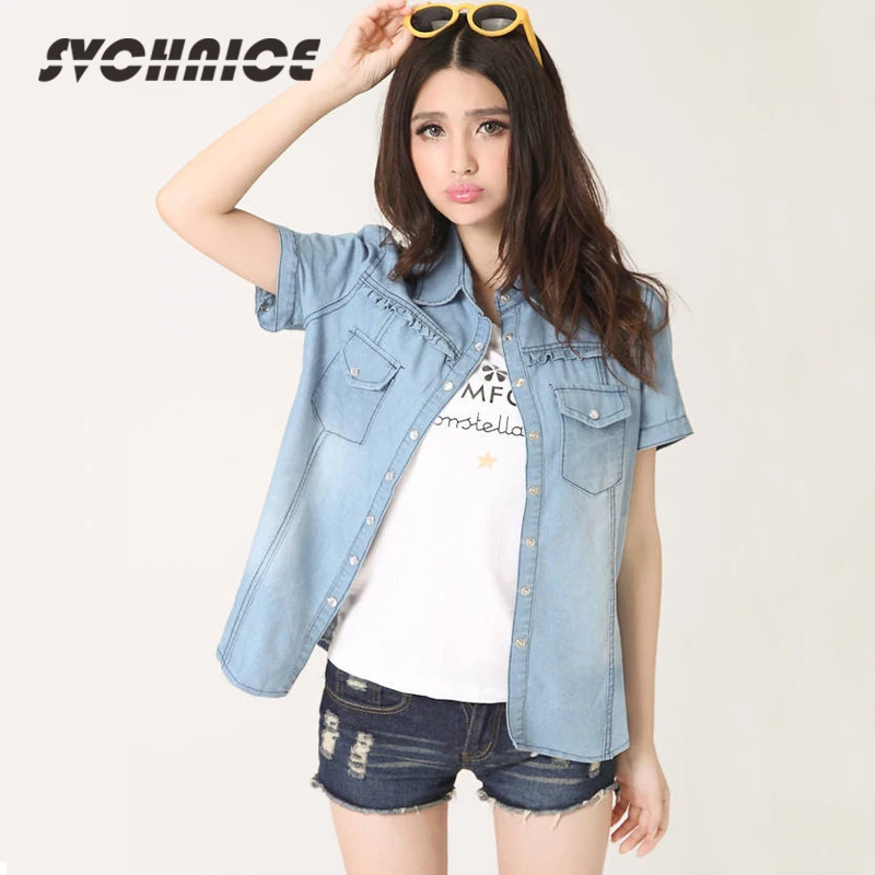 Denim Women Blouses Short Sleeve Vintage Shirts Denim For Womens Tops Female Casual Feminina Shirts Jeans Summer Light Blue Denim Women Blouses Short Sleeve Vintage Shirts Denim For Womens Tops Female Casual Feminina Shirts Jeans Summer Light Blue