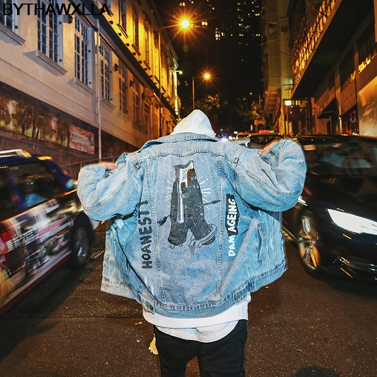 

BYTHAWXLLA Vintage Ripped Hole Denim Jacket Men Hip Hop Casual Distressed Demin Ripped Printed Jeans Jackets MaleW2430
