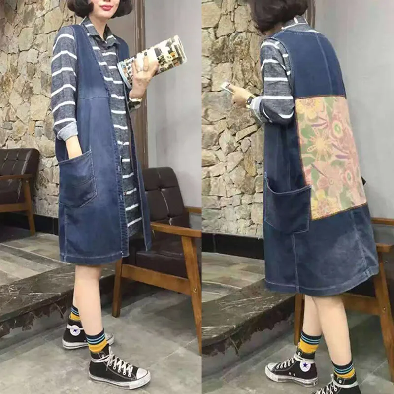 

Free Shipping 2019 New Summer Vintage Denim Long Coat For Women Plus Size Loose Jeans Outerwear Sleeveless Patch Designs Vests